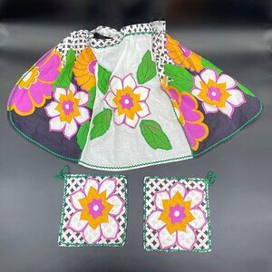 Vintage Apron Pot Holders Set Handmade Flower Power Pink Black White Floral
